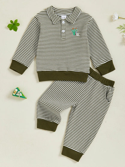 Baby Toddler Boys 2Pcs Long Sleeve Embroidery Duck Top with Striped Pants Infant Clothes Set