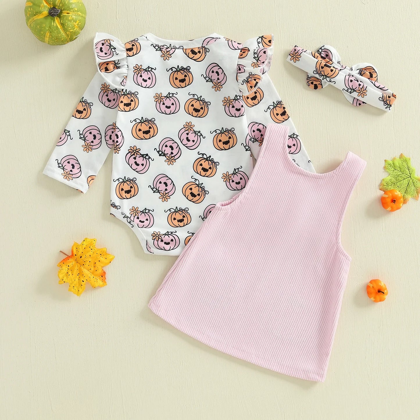 Baby Girls 3Pcs Halloween Outfit Pumpkin Print Long Sleeves Romper and Overall Tank Dress Bow Headband Set