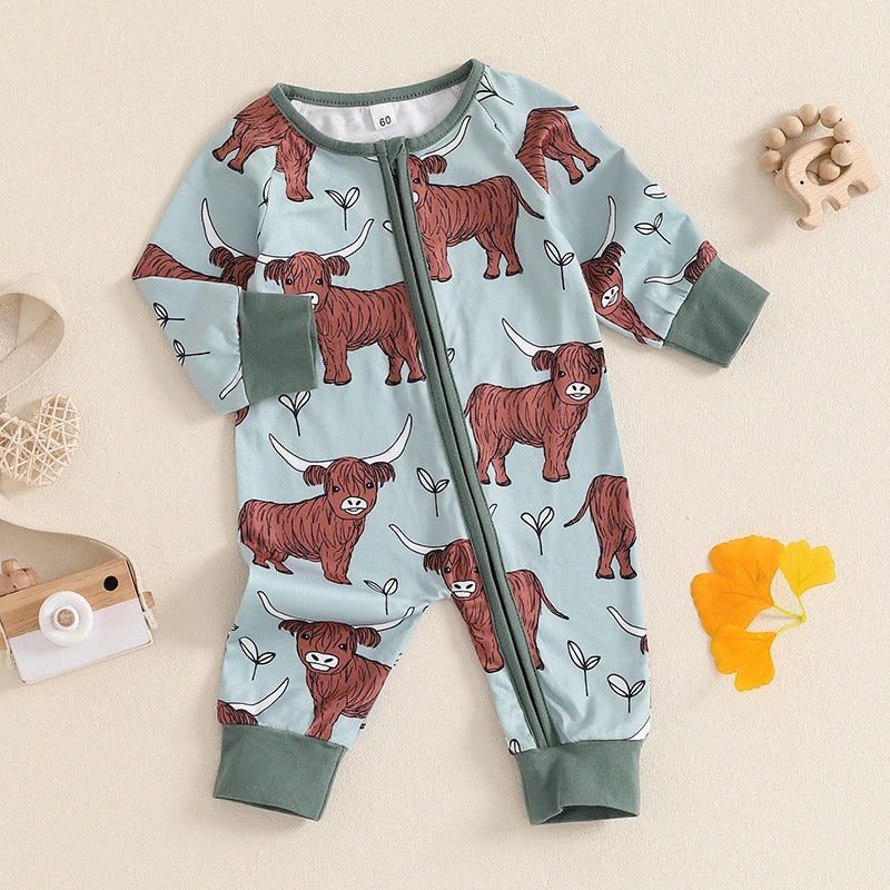 Baby Girls Boys Highland Cow Romper Print Long Sleeve Zipper Jumpsuit Fall Bodysuit