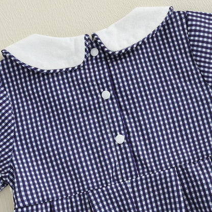 Baby Girl 4th of July Romper Smocked Plaid Pattern American Flag Embroidery Ruffled Doll Collar Short Sleeve Jumpsuit