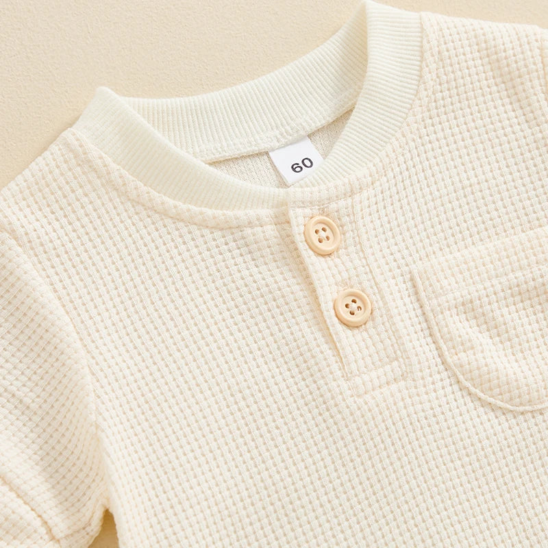 Baby Boy Girl Jumpsuit Summer Short Sleeve Solid Color Waffle Button Romper Playsuit