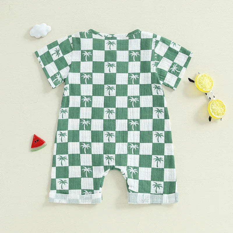 Baby Boy Romper Summer Short Sleeve Round Neck Checkered Tree Print Jumpsuit Playsuit