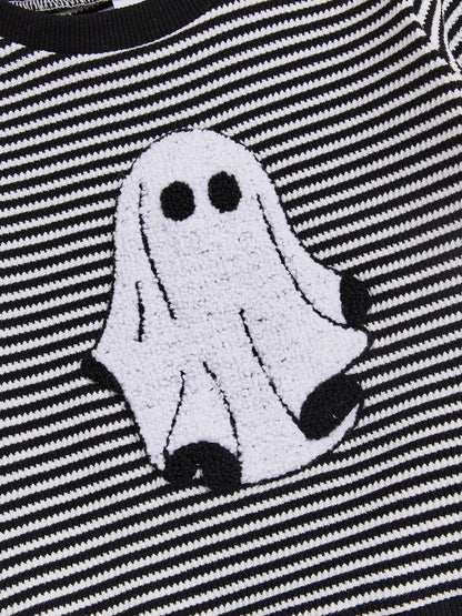 Baby Toddler Boys 2Pcs Halloween Outfit Ghost Embroidery Striped Long Sleeve Top and Elastic Pants Clothes Set