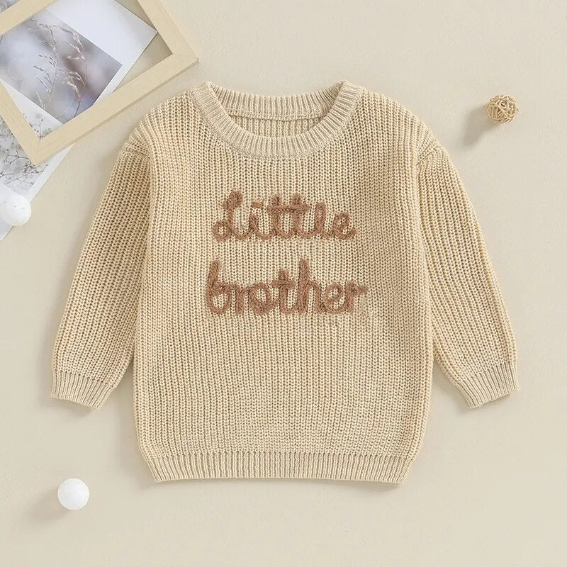Baby Boys Sweater Letter Embroidery Little Brother Crew Neck Long Sleeve Pullover Top