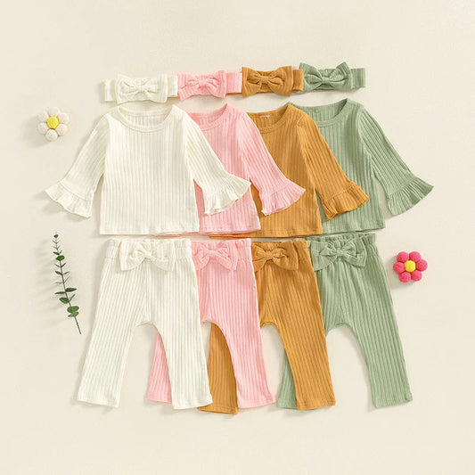Baby Toddler Girls 3Pcs Outfit Long Flared Sleeve Round Neck Solid Color Top Ribbed Pants Headband Set