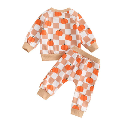 Baby Toddler Boys Girls 2Pcs Halloween Thanksgiving Outfit Checkered Pumpkin Print Long Sleeve Top and Long Pants Set