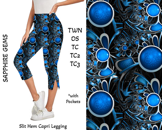 Sapphire Gems Side Slit Hem Capri Leggings with Pockets
