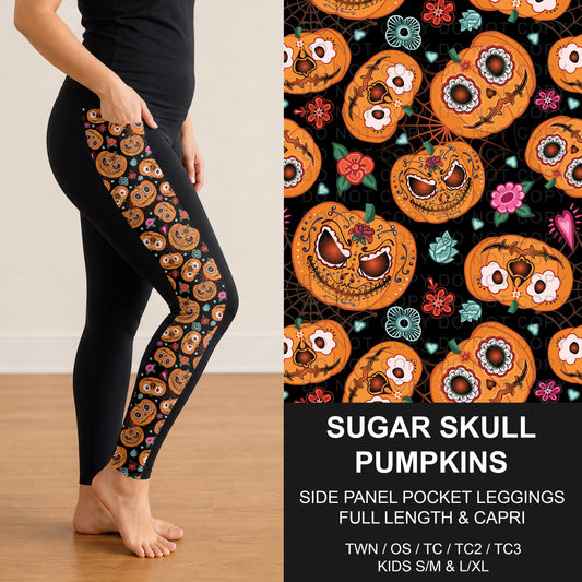 B307 - Preorder Sugar Skull Pumpkins Side Panel Pocket Leggings (Closes 8/02. ETA: early Oct.)