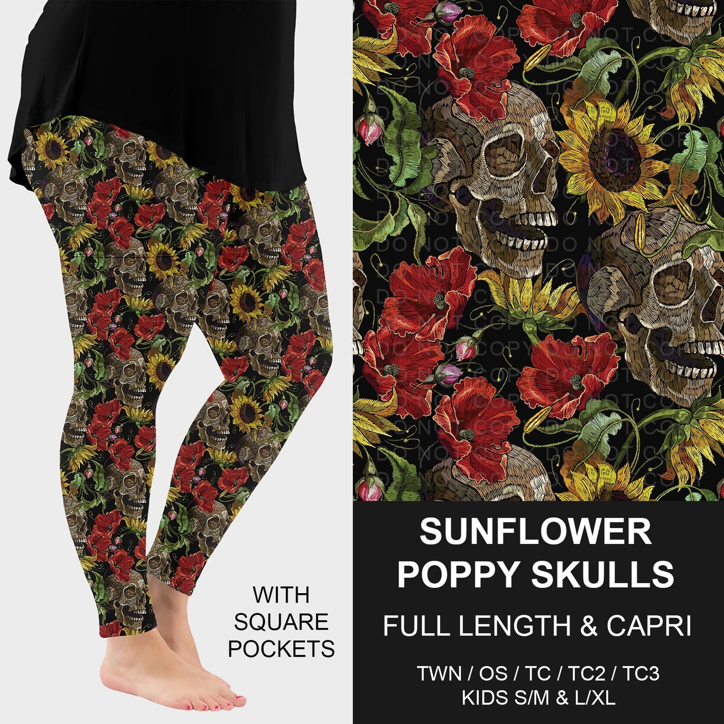 B296 - Preorder Sunflower Poppy Skulls Leggings w/ Pockets (Closes 6/21. ETA: late Aug.)