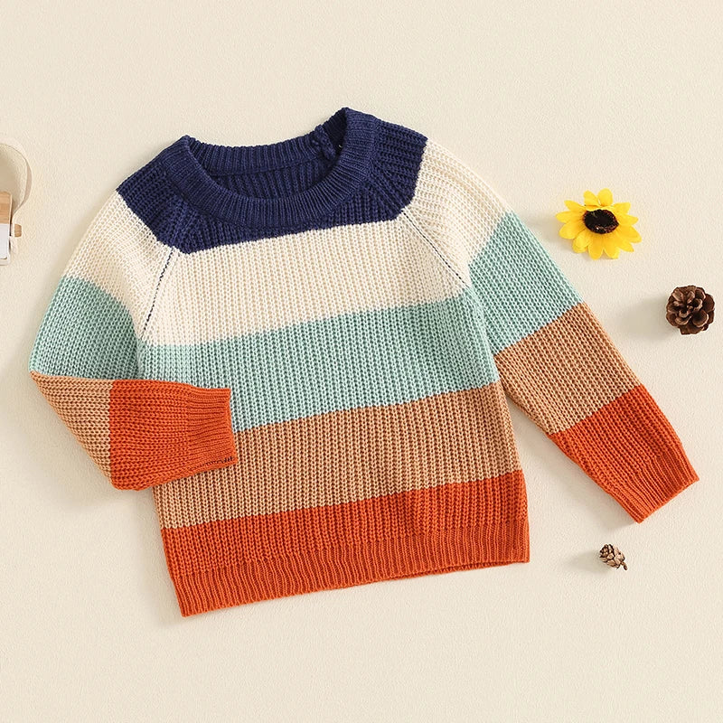 Baby Toddler Boys Girls Sweater Casual Contrast Color Stripes Warm Knitted Long Sleeve Pullover Top