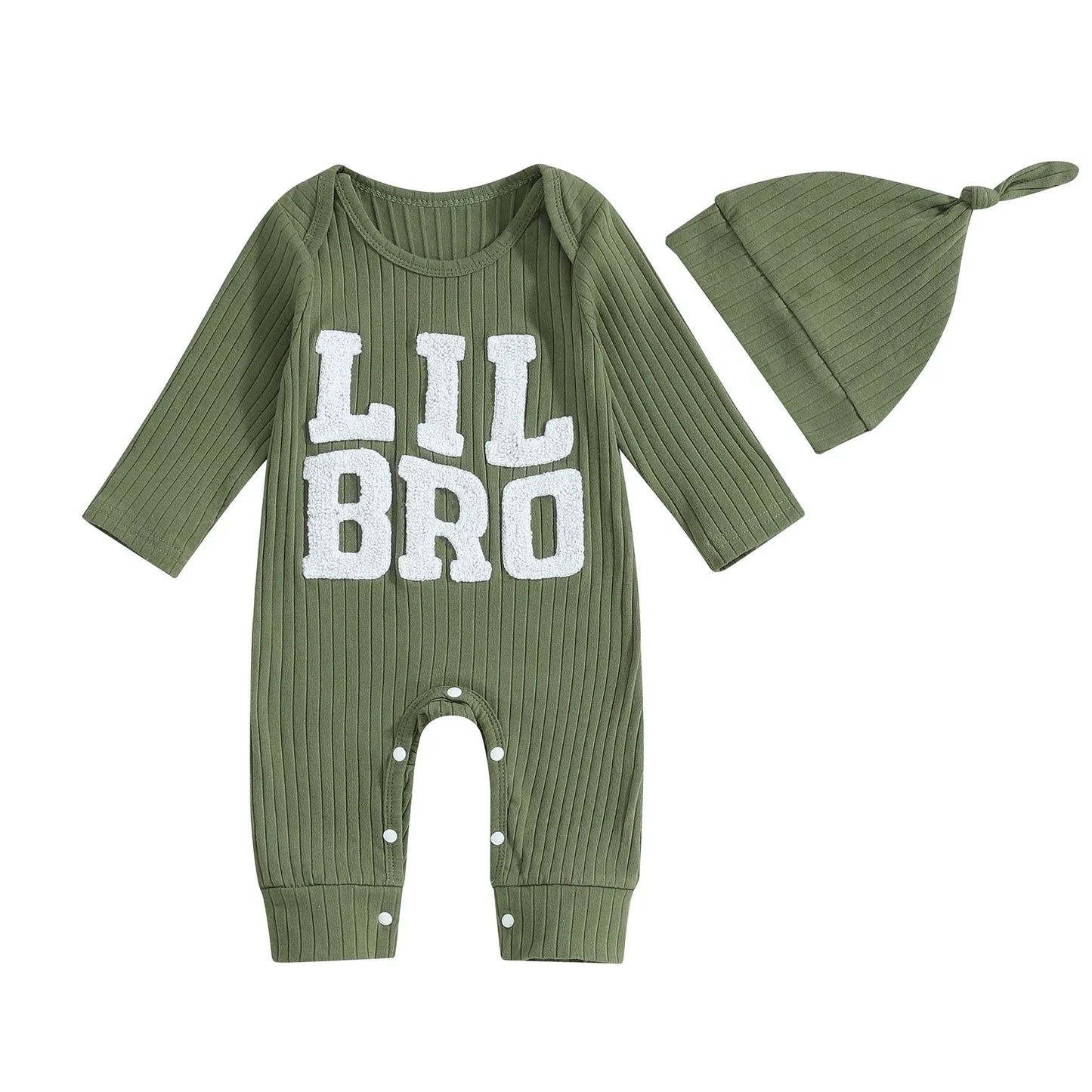 Baby Boy 2Pcs Lil Bro Jumpsuit and Hat Set Long Sleeve Round Neck Letter Print Ribbed Romper with Beanie Outfit