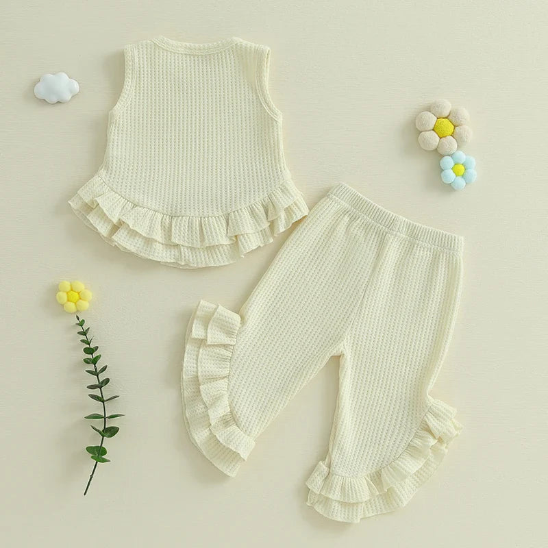 Baby Toddler Girl 2Pcs Summer Outfit Solid Waffle Round Neck Ruffled Tank Top with Long Pants Set