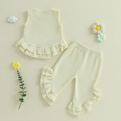 Baby Toddler Girl 2Pcs Summer Outfit Solid Waffle Round Neck Ruffled Tank Top with Long Pants Set