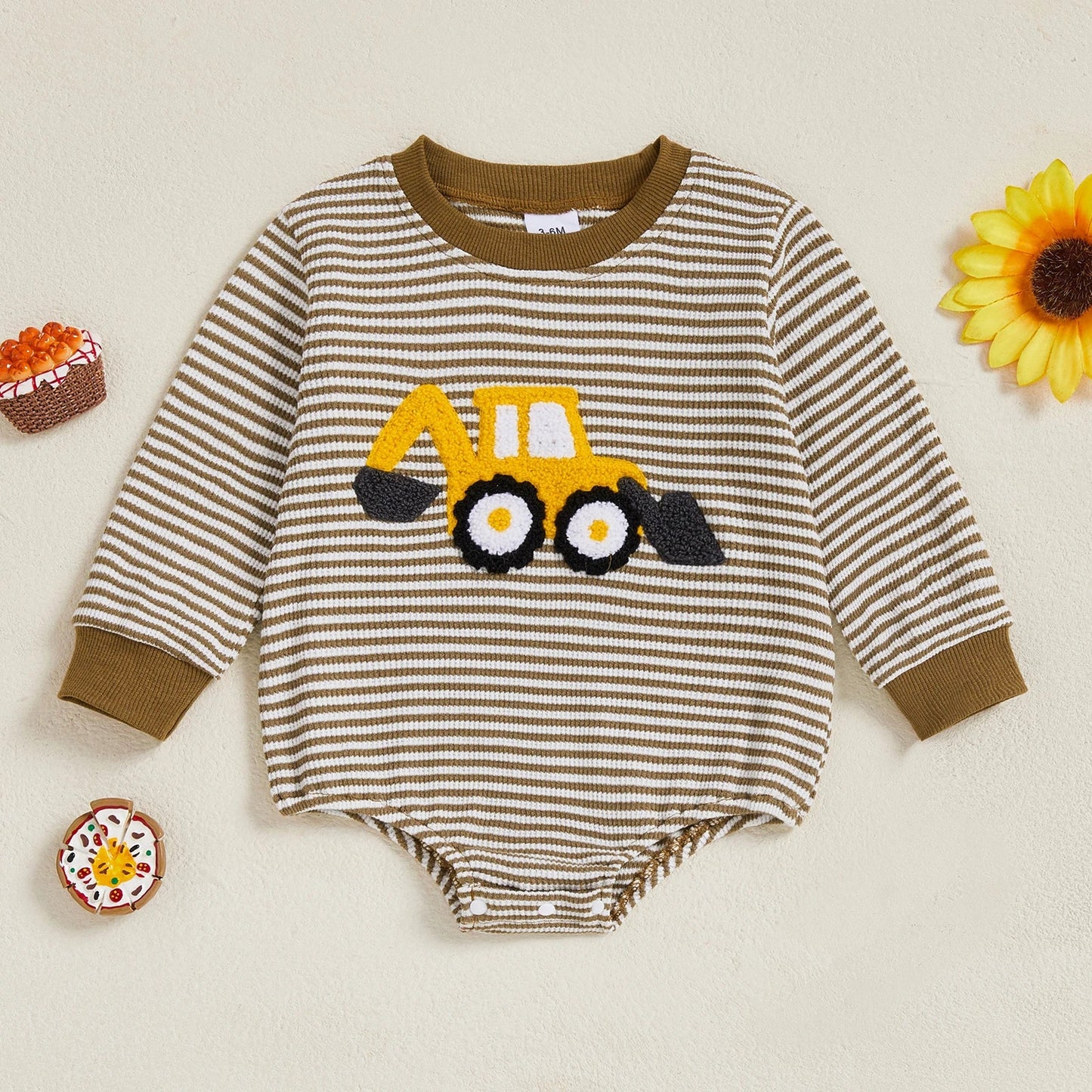 Baby Boy Fall Bubble Romper Casual Digger Tractor Embroidery Striped Long Sleeve Jumpsuit Infant Cute Outfit