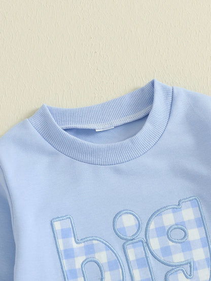 Baby Toddler Boys 2Pcs Fall Outfit Letter Embroidery Big Brother Long Sleeve Top and Elastic Plaid Pants Clothes