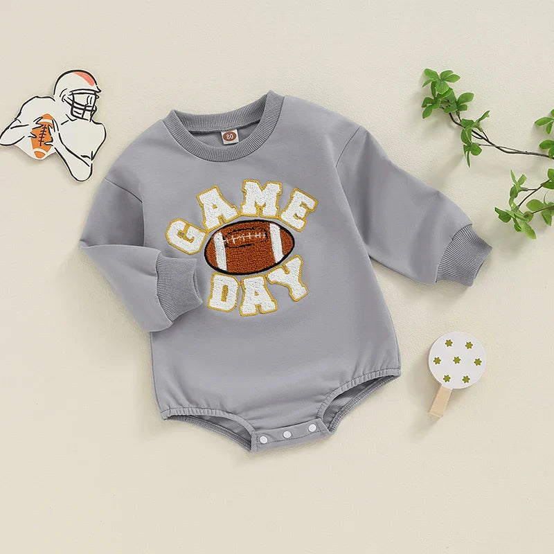 Baby Boys Girls Game Day Fall Bodysuit Letter Football Embroidery Long Sleeve Round Neck Jumpsuit Romper
