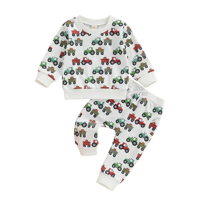 Baby Toddler Boys 2Pcs Fall Outfit Long Sleeve Tractor Print Top + Pants Set