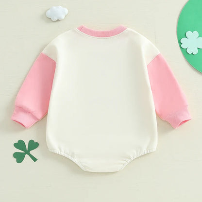 Baby Girls Lucky Girl Spring St. Patrick's Day Bubble Romper Long Sleeve Crewneck Shamrock Horseshoe Print Bodysuit