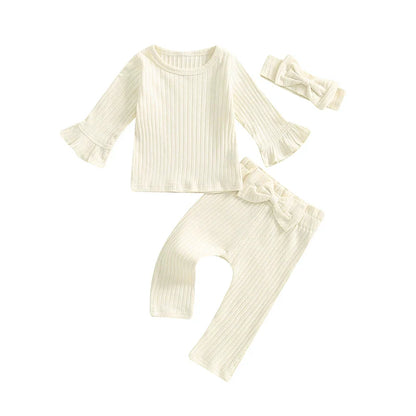Baby Toddler Girls 3Pcs Outfit Long Flared Sleeve Round Neck Solid Color Top Ribbed Pants Headband Set
