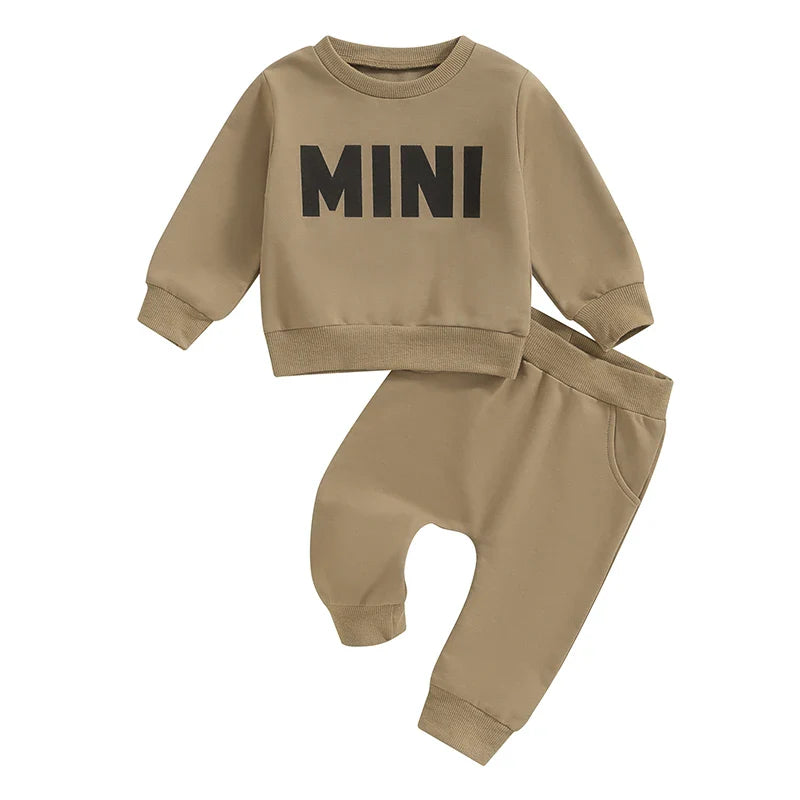 Baby Toddler Boys Girls MINI Set Letter Print Long Sleeve Round Neck Top Pockets Long Pants Outfit