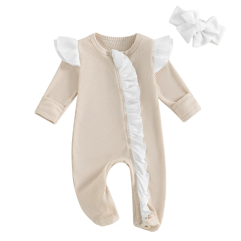 Baby Girls 2Pcs Outfit Long Sleeve Crew Neck Frills Zipper Romper Contrast Color Footies and Headband Set