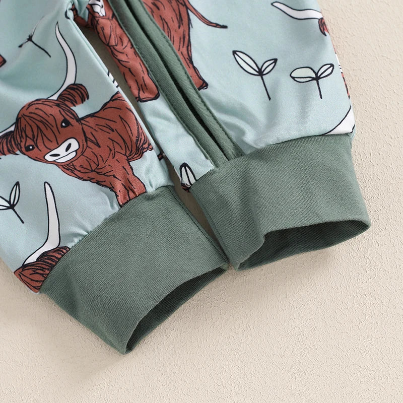 Baby Girls Boys Highland Cow Romper Print Long Sleeve Zipper Jumpsuit Fall Bodysuit