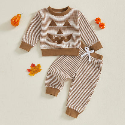 Toddler Boys Halloween 2Pcs Pants Sets Long Sleeve O Neck Pumpkin Embroidery Tops Striped Pants Sets