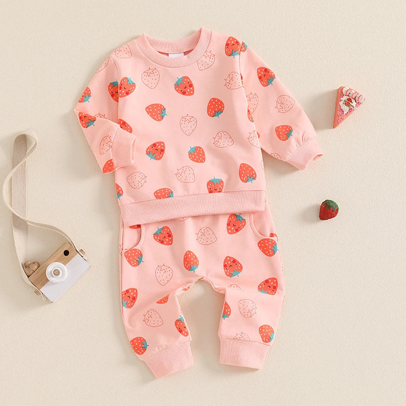 Baby Toddler Girls 2Pcs Fall Strawberry Print Outfit Long Sleeve Top Elastic Waist Pants with Pockets Set