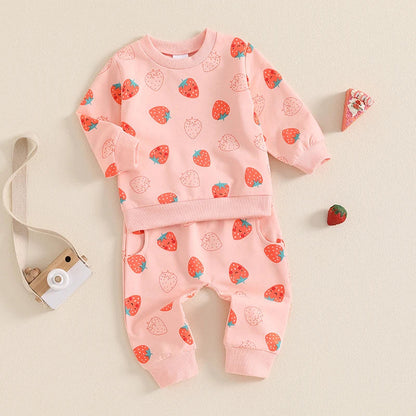 Baby Toddler Girls 2Pcs Fall Strawberry Print Outfit Long Sleeve Top Elastic Waist Pants with Pockets Set