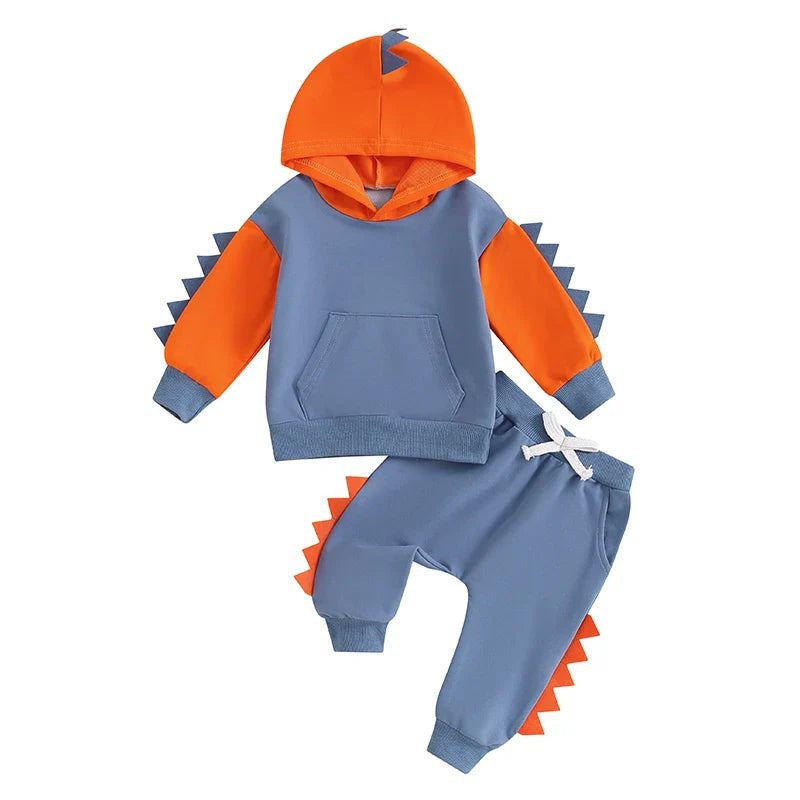Baby Toddler Boys 2Pcs Dinosaur Outfit Contrast Color Long Sleeve Hoodie Top Elastic Waist Pants Set