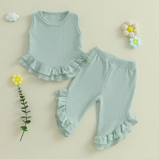 Baby Toddler Girl 2Pcs Summer Outfit Solid Waffle Round Neck Ruffled Tank Top with Long Pants Set