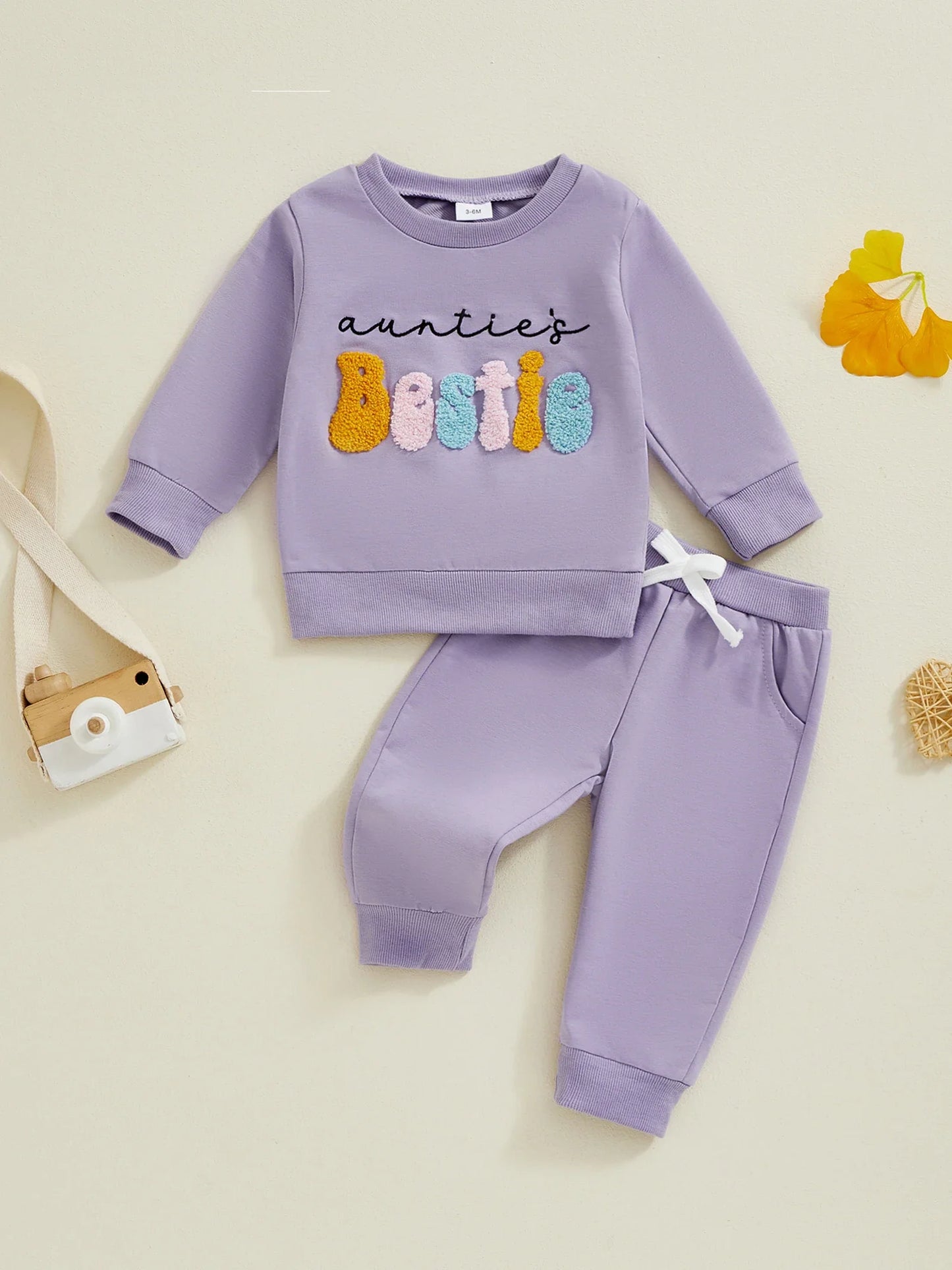 Baby Toddler Girls 2Pcs Auntie's Bestie Outfit Long Sleeve Crew Neck Embroidery Letter Top with Elastic Waist Pants Clothes Jogger Set