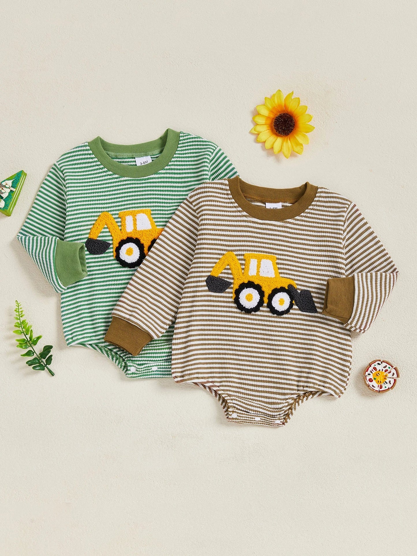 Baby Boy Fall Bubble Romper Casual Digger Tractor Embroidery Striped Long Sleeve Jumpsuit Infant Cute Outfit