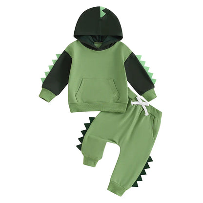 Baby Toddler Boys 2Pcs Dinosaur Outfit Contrast Color Long Sleeve Hoodie Top Elastic Waist Pants Set