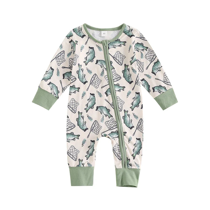 Baby Boys Girls Autumn Casual Romper Long Sleeve Crew Neck Fish Print Zipper Jumpsuit