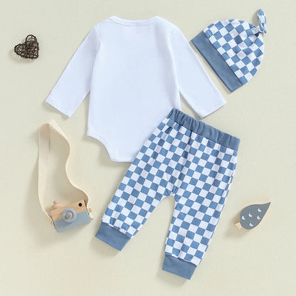 Baby Boys Girls 3Pcs Lil Bro / Sis Fall Outfit Letter Embroidery Long Sleeve Romper Checkered Print Pants Beanie Hat Set