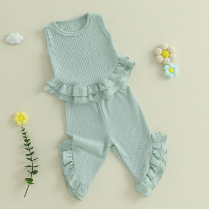 Baby Toddler Girl 2Pcs Summer Outfit Solid Waffle Round Neck Ruffled Tank Top with Long Pants Set