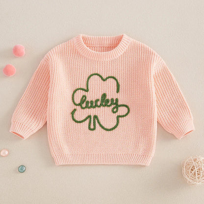 Baby Toddler Kids Boys Girls Lucky Knit Sweater Long Sleeve Round Neck Shamrock Letter Embroidery Pullover Spring St. Patrick's Day Top