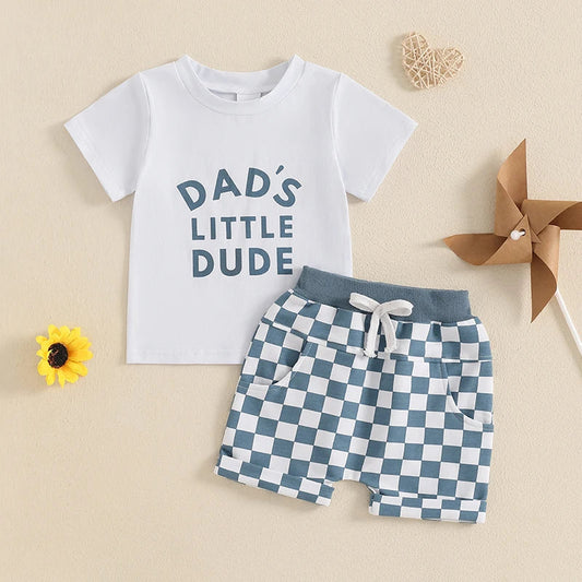 Baby Toddler Boys 2Pcs Dad's Little Dude Summer Outfit Letter Print Short Sleeve T-Shirt Top and Elastic Checkered Print Shorts Set