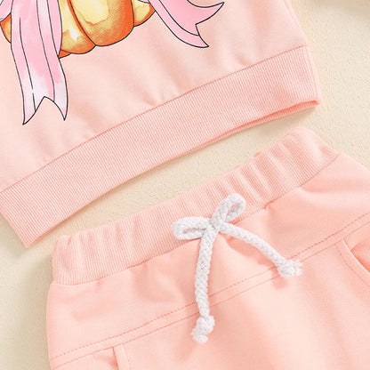 Baby Toddler Girls 2Pcs Halloween Outfit Bow Pumpkin Print Long Sleeve Top and Elastic Pants Set