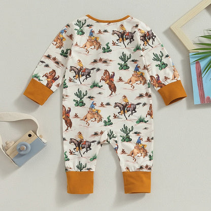 Baby Boys Girls Jumpsuit Long Sleeve Cow/Horse Print Zipped Autumn Romper Clothes