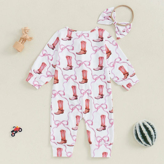 Baby Girl 2Pcs Fall Jumpsuit Ruffled Zip Up Boots Ribbons Print Long Sleeve Round Neck Zipper Romper Bow Headband Set