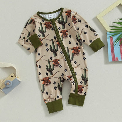 Baby Boys Girls Jumpsuit Long Sleeve Cow/Horse Print Zipped Autumn Romper Clothes