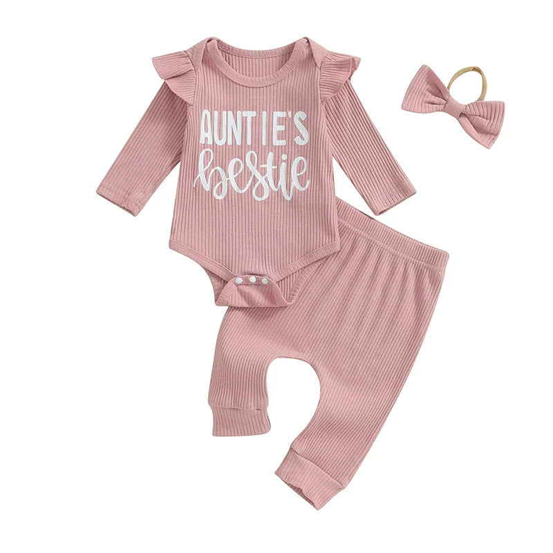 Baby Girls 3Pcs Auntie's Bestie Ribbed Letter Print Long Sleeve Round Neck Ruffled Romper Pants Hair Band Outfit Set