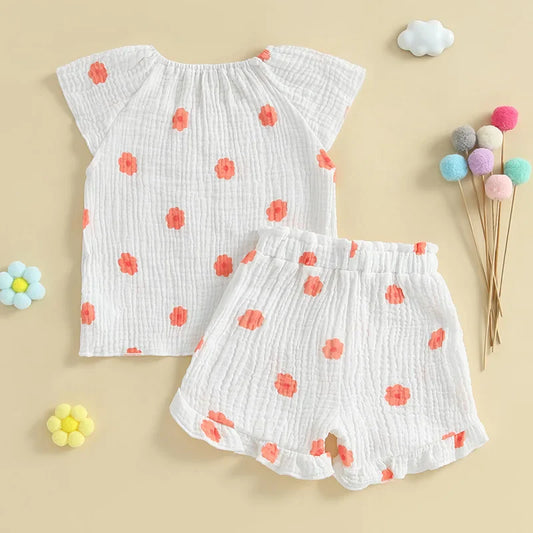 Baby Toddler Girls 2Pcs Floral Outfit Cap Sleeve T-shirt Top Elastic Waist Ruffle Shorts Summer Set