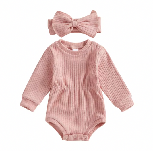 Pink Solid Ribbed Knit Romper