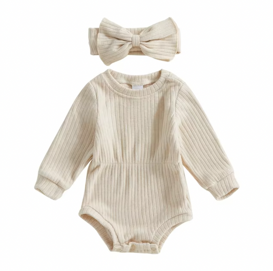 Beige Solid Ribbed Knit Romper