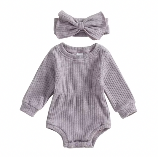 Purple Solid Ribbed Knit Romper