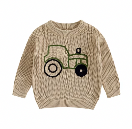 Beige Tractor Embroidered Sweater