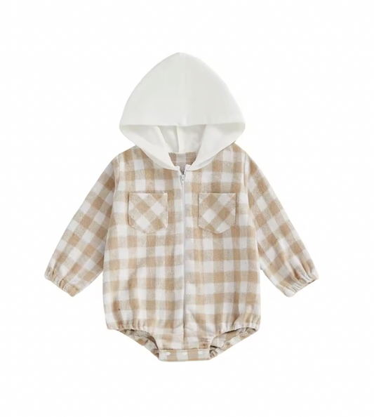 Tan Hooded Plaid Romper